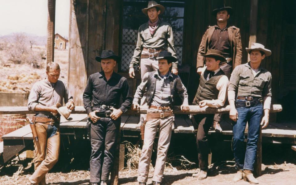 James Coburn, Brad Dexter, Steve McQueen, Yul Brynner, Horst Buchholz, Robert Vaughn and Charles Bronson on the set of The Magnificent Seven - Getty