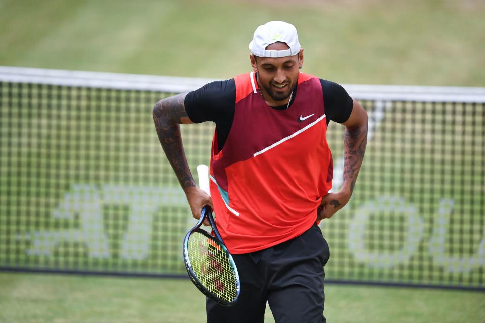 Seen here, Australia's Nick Kyrgios reacting in his match against Poland's Hubert Hurkacz in the Halle Open semi-finals. 