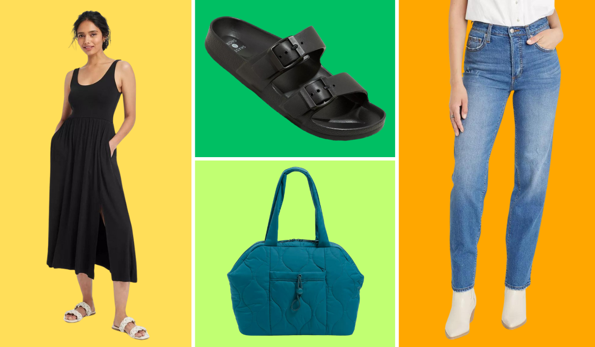 woman wearing black sundress, black slide sandal, teal quilted tote, and woman wearing high-rise blue jeans