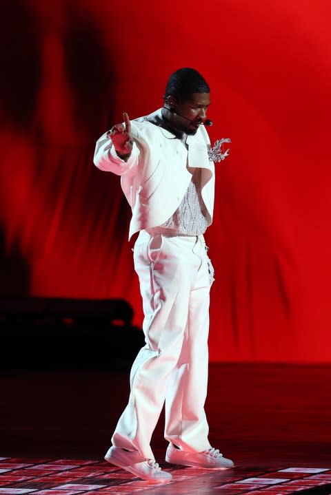 LAS VEGAS, NEVADA – FEBRUARY 11: Usher performs onstage during the Apple Music Super Bowl LVIII Halftime Show at Allegiant Stadium on February 11, 2024 in Las Vegas, Nevada. (Photo by Steph Chambers/Getty Images)