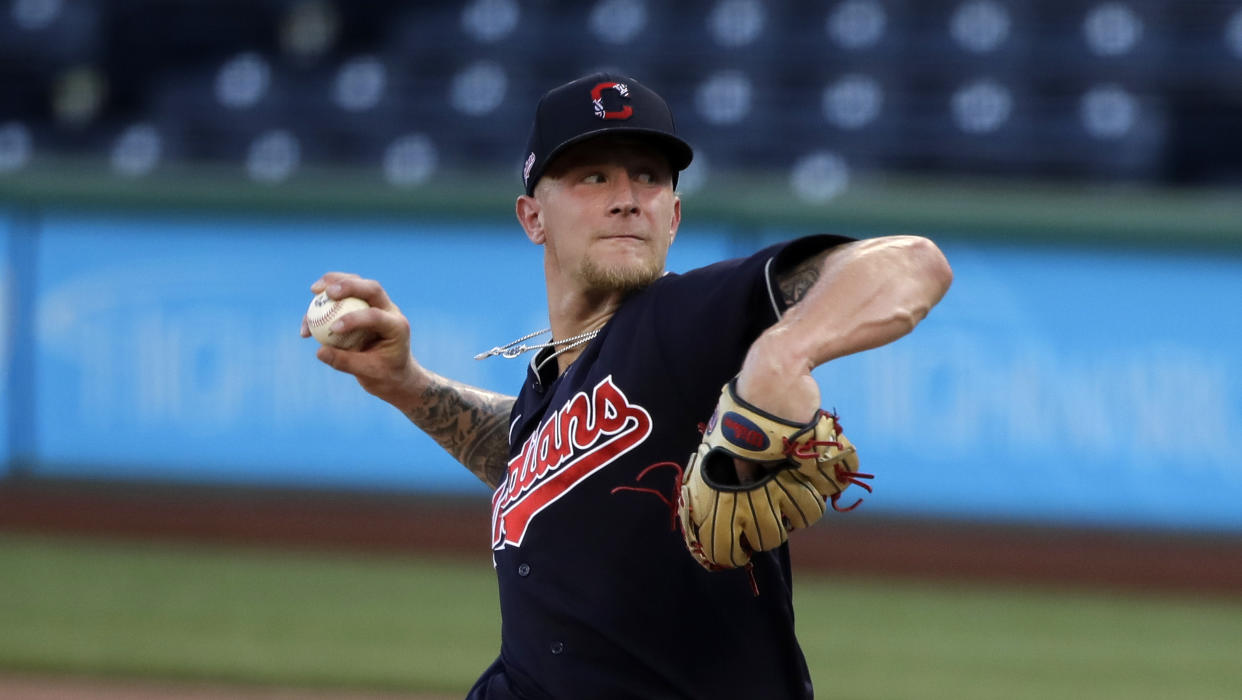 Cleveland Indians starting pitcher Zach Plesac delivers during an exhibition baseball game against the Pittsburgh Pirates in Pittsburgh, Saturday, July 18, 2020. (AP Photo/Gene J. Puskar)