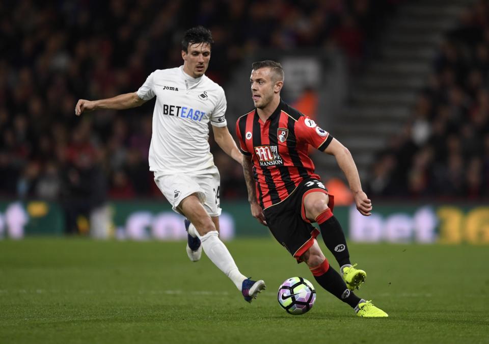 <p>Bournemouth’s Jack Wilshere in action with Swansea City’s Jack Cork </p>