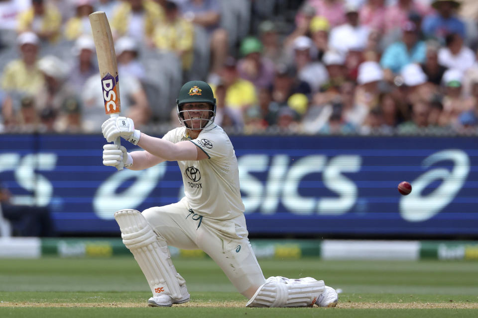 Australia's David Warner bats against Pakistan during their cricket test match in Melbourne, Tuesday, Dec. 26, 2023. (AP Photo/Asanka Brendon Ratnayake)