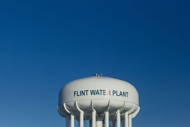 The water tower at the Flint Water Plant looms over Flint, Michigan, on March 4, 2016, nearly two years after the start of the city's water crisis. (Photo: GEOFF ROBINS via Getty Images)
