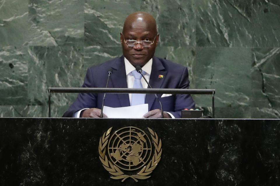 FIEL - In this Sept. 27, 2018, file photo, Guinea-Bissau President Jose Mario Vaz addresses the 73rd session of the United Nations General Assembly at the United Nations headquarters. Two former prime ministers of Guinea-Bissau are vying for the presidency in a runoff election Sunday, Dec. 29, 2019 after the incumbent failed to reach the second round in the tumultuous West African country once described by the United Nations as a narco-state. (AP Photo/Frank Franklin II, File)