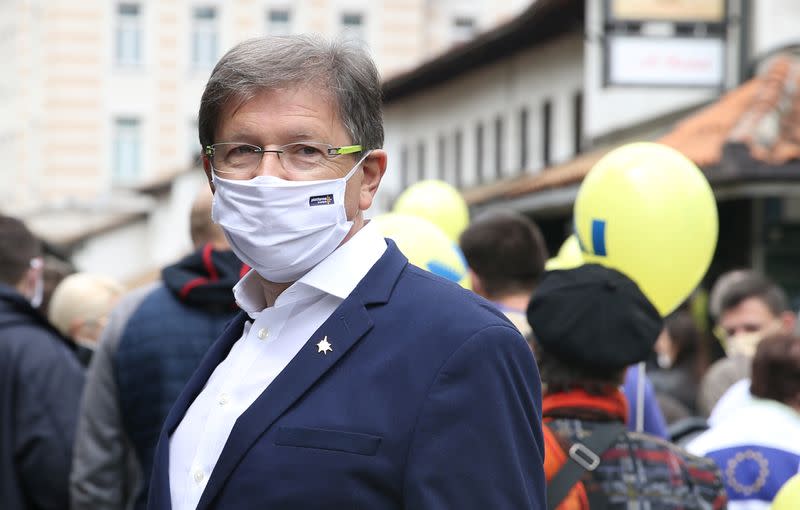 Mirsad Hadzikadic, President of the Platform for Progress party, attends a protest against corruption and a delayed election in Sarajevo