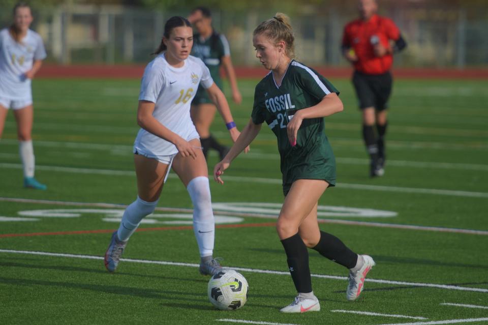 Fossil Ridge soccer player Lily Wale dribbles during a Class 5A first-round playoff game against Monarch on May 9, 2023. Fossil Ridge won 10-0.