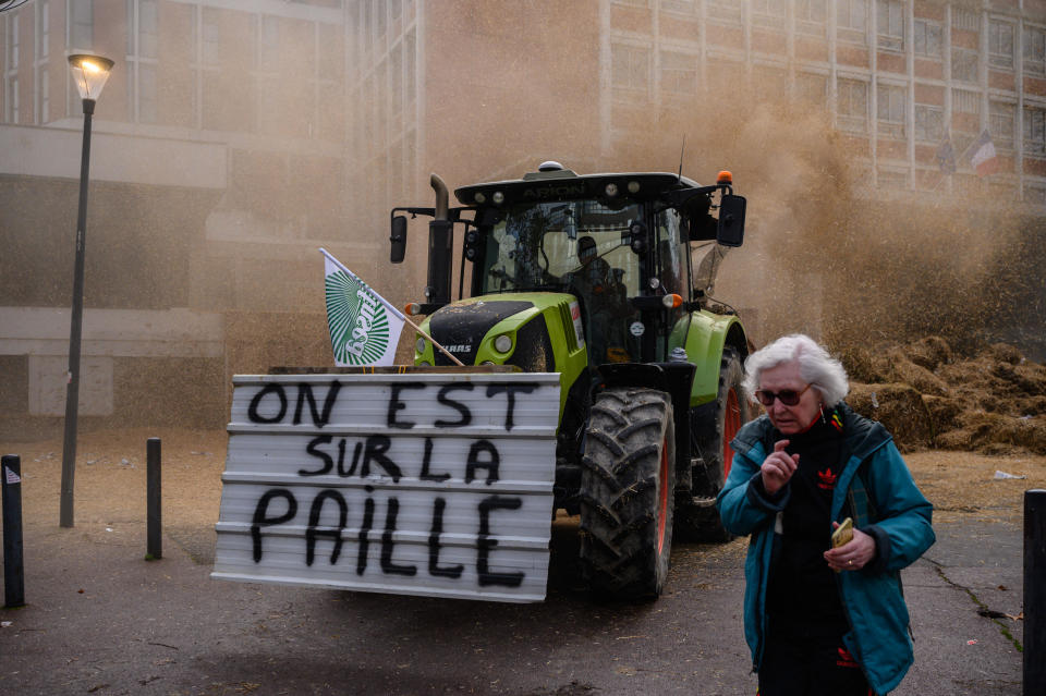 A tractor bearing the slogan 