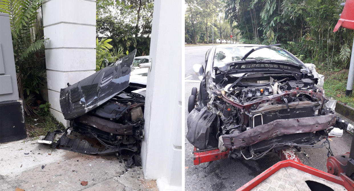 The wrecked car outside the Istana after an accident on 16 December. Photo: Facebook/SG Road Vigilante