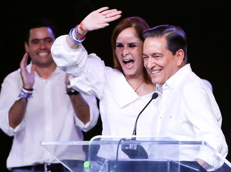 Presidential candidate Laurentino Cortizo of the Democratic Revolutionary Party (PRD) and his wife Yazmin Colon react after Panama's electoral tribunal declared him as the winner of Sunday's election with 95 percent of votes counted, in Panama City, Panama May 6, 2019. REUTERS/Carlos Jasso