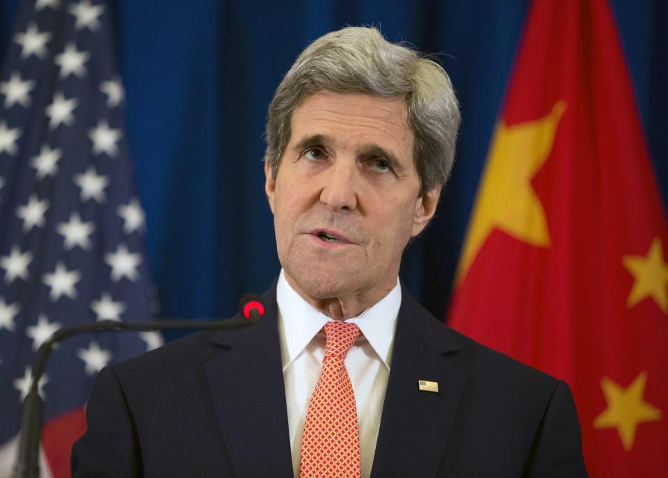 U.S. Secretary of State John Kerry speaks during a news conference in Beijing February 14, 2014. Kerry said on Friday that President Barack Obama has asked for possible new policy options on Syria given the worsening humanitarian situation there. (REUTERS/Evan Vucci/Pool )