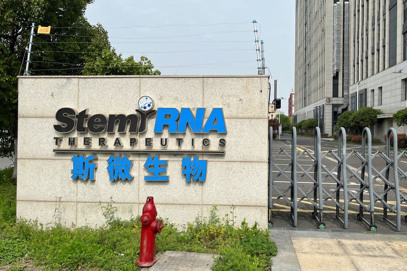 The logo of Stemirna Therapeutics is pictured outside a building in Shanghai