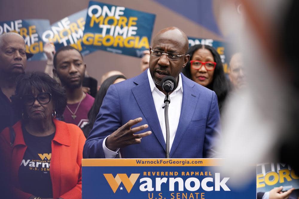 Democratic nominee for U.S. Senate Sen. Raphael Warnock speaks during a news conference, Thursday, Nov. 10, 2022, in Atlanta. Warnock is running against Republican Herschel Walker in a runoff election. (AP Photo/Brynn Anderson)