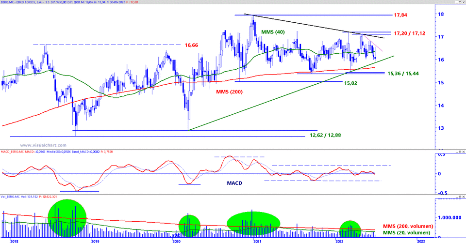 Ebro Foods en gráfico diario con plantilla de análisis de medio y largo plazo.