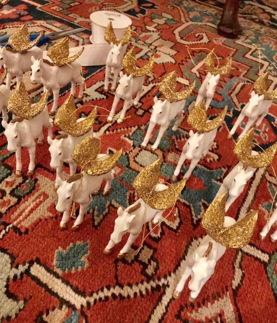 A close-up of this year’s tree decorations: little flying zebras.