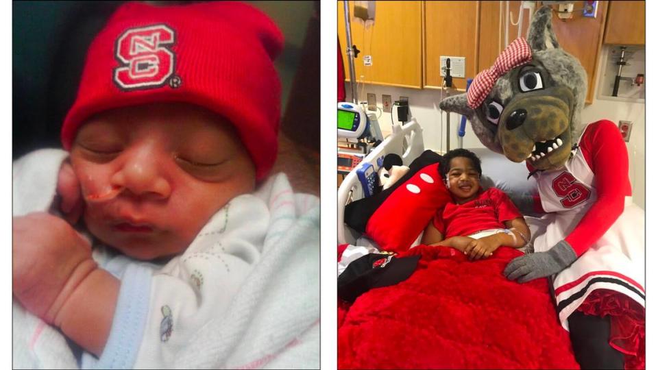 Grayson Ketchie at three weeks old, left, and with Ms. Wuf at the pediatric intensive care unit at UNC Children’s Hospital.