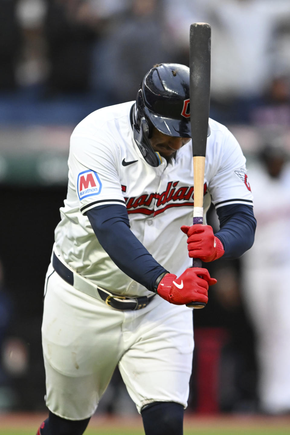 Cleveland Guardians' Josh Naylor celebrates his two-run home run off Oakland Athletics starting pitcher Alex Wood during the fifth inning of a baseball game Saturday, April 20, 2024, in Cleveland. (AP Photo/Nick Cammett)