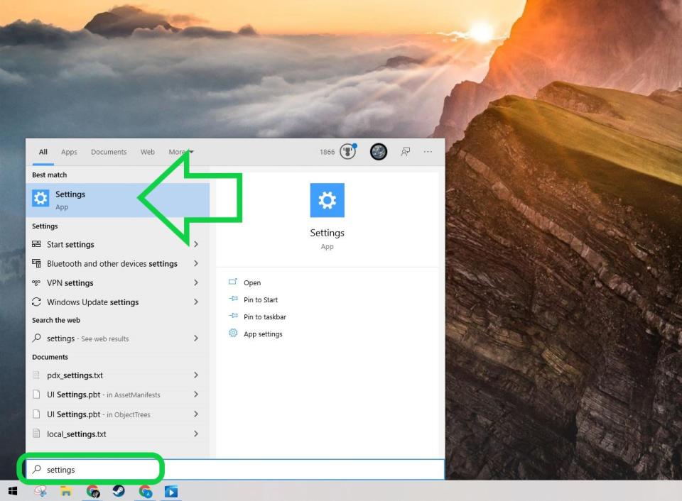 Windows 10 Start menu open showing how to find Settings app via search