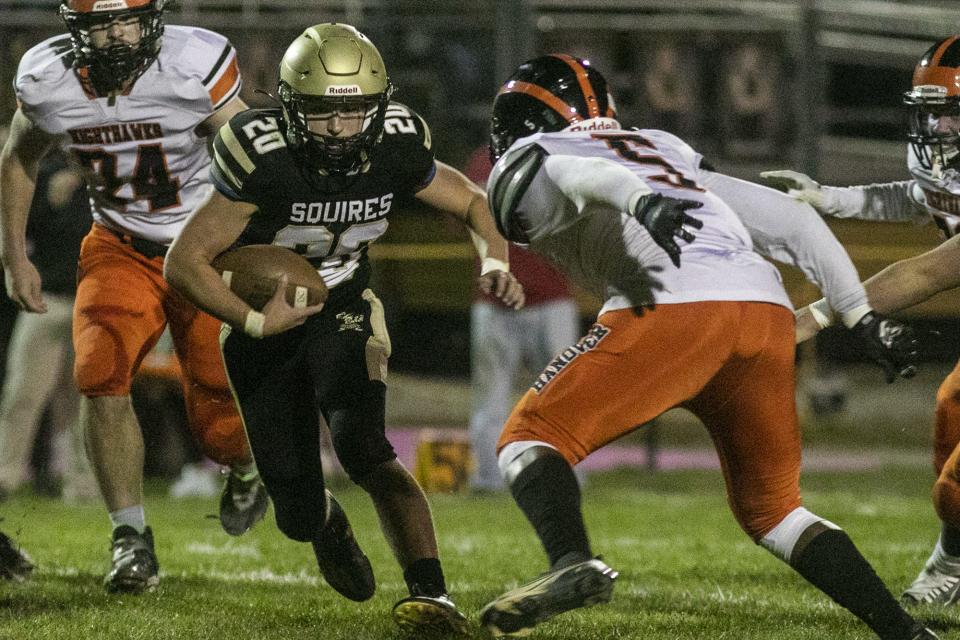 Delone Catholic's Brady Dettinburn runs with the ball. Delone Catholic defeated Hanover, 51-31, in football at Delone Catholic High School in McSherrystown, Friday, October 21, 2022.