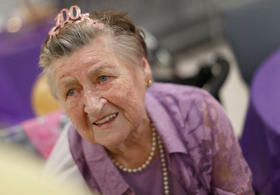 Adele Dombrowski is celebrated at the Abington Senior Center for her 100th birthday on Friday, Sept. 16, 2022.