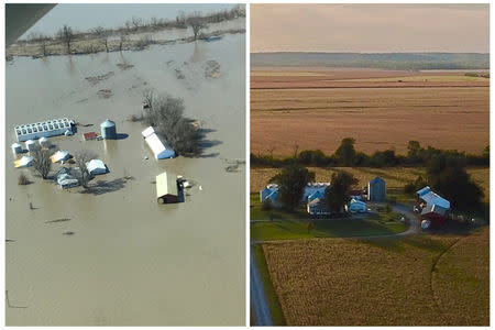 A combination of aerial photos show the farm of Richard Oswald near Langdon, Missouri after flooding March 20, 2019 and in the fall of 2018 at right. Courtesy of Richard Oswald/Handout via REUTERS.