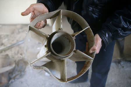 A view shows the rest of a missile fragments fired in 2013 near the Ghouta town of Ain Tarma, Syria April 7, 2017. Picture taken April 7, 2017. REUTERS/Bassam Khabieh