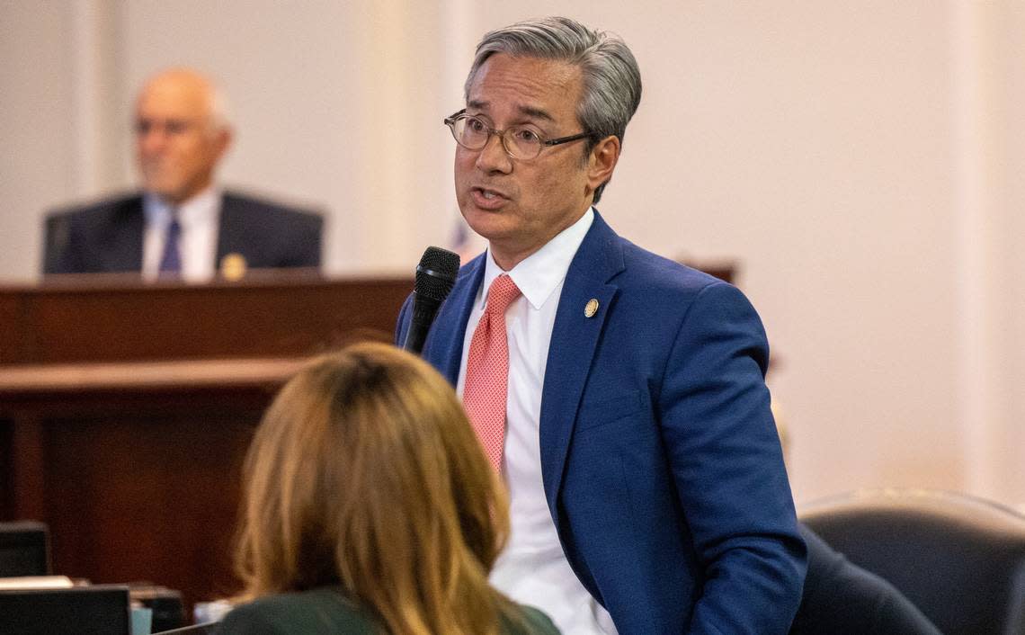 Sen. Michael V. Lee, a Republican from New Hanover County, answers questions from Senate Democrats about the abortion restrictions bill that was up for a veto override vote on Tuesday, May 16, 2023, at the Legislative Building in Raleigh, N.C. Republicans have a veto-proof supermajority in the General Assembly, with the ability to overturn a veto from Democratic Gov. Roy Cooper. Travis Long/tlong@newsobserver.com