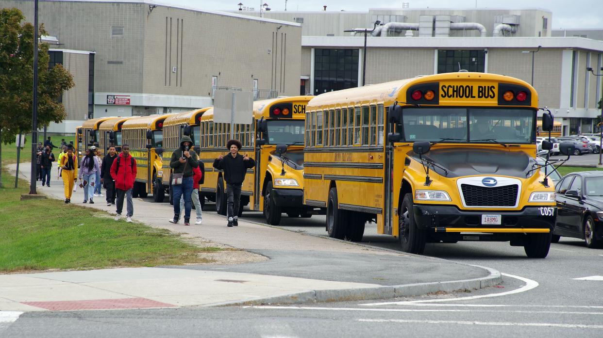 Brockton High School students leave at the end of a school day on Monday, Oct. 3, 2022.