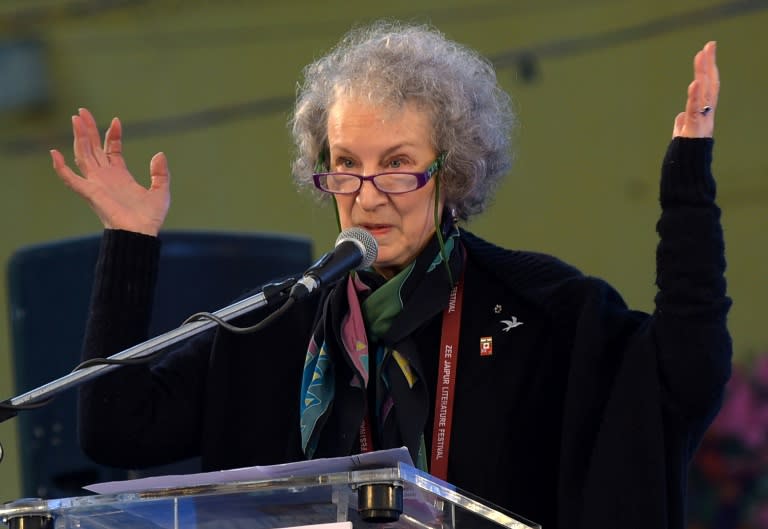 Canadian novelist Margaret Atwood speaks at the Jaipur Literature Festival in 2016