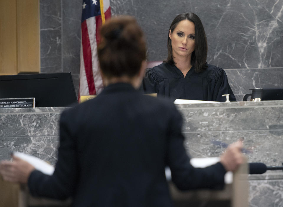 Judge Elizabeth Scherer presides over a hearing to set a date to determine when the trial in the case of Parkland school shooter Nikolas Cruz can begin at the Broward County Courthouse, Thursday, Dec. 19, 2019, in Fort Lauderdale, Fla. The trial of Parkland school shooting defendant Nikolas Cruz was delayed Thursday until at least next summer, when he will face a death penalty case stemming from the February 2018 massacre that left 17 people dead. (Michael Laughlin/South Florida Sun-Sentinel via AP, Pool)