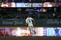 Milwaukee Brewers' Jake Bauers hits a three-run home run during the fifth inning of a baseball game against the New York Yankees Sunday, April 28, 2024, in Milwaukee. (AP Photo/Morry Gash)