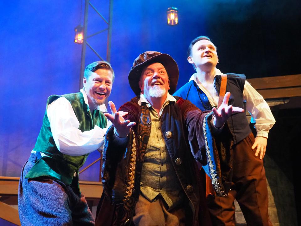 Donnie Norton, left, director of the Weymouth High Theater Company, plays Nick Bottom in The Company Theatre's production of "Something Rotten!"