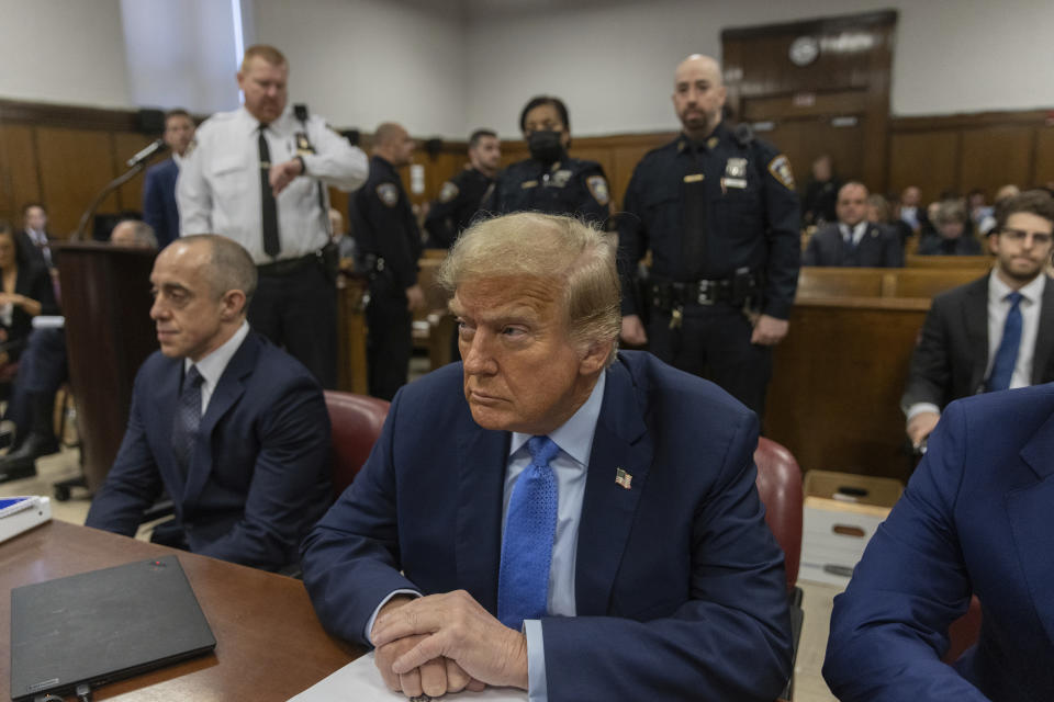 Former President Donald Trump appears at Manhattan criminal court before his trial in New York, Friday, April 26, 2024. (Jeenah Moon/Pool Photo via AP)