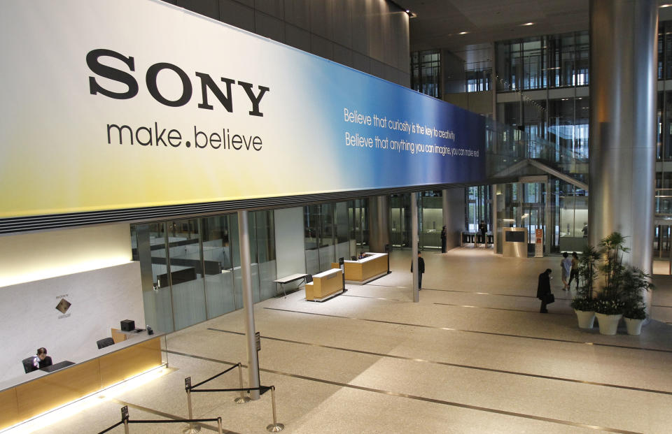 A large sign of Sony is decorated in the main lobby of the headquarters of Sony Corp. in Tokyo Tuesday, April 10, 2012. Sony more than doubled Tuesday its projected annual loss to 520 billion yen ($6.4 billion), its worst red ink ever, due to a massive tax charge. (AP Photo/Koji Sasahara)