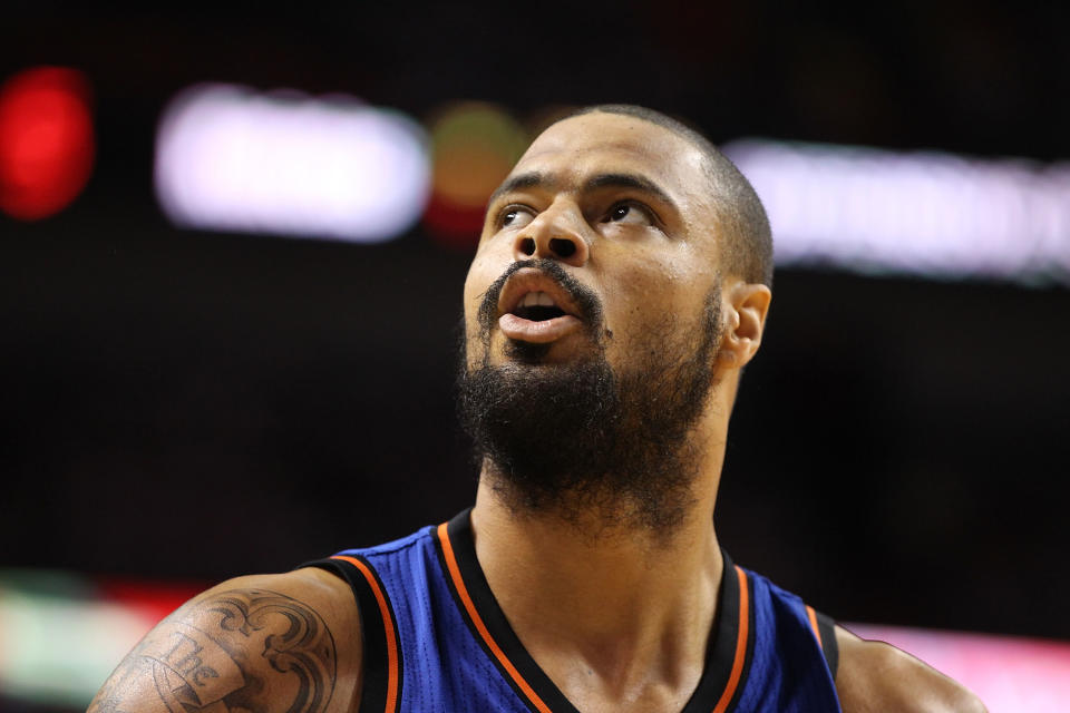 MIAMI, FL - APRIL 28: Center Tyson Chandler #6 of the New York Knicks reacts against the Miami Heat in Game One of the Eastern Conference Quarterfinals in the 2012 NBA Playoffs on April 28, 2012 at the American Airines Arena in Miami, Florida. NOTE TO USER: User expressly acknowledges and agrees that, by downloading and or using this photograph, User is consenting to the terms and conditions of the Getty Images License Agreement. (Photo by Marc Serota/Getty Images)