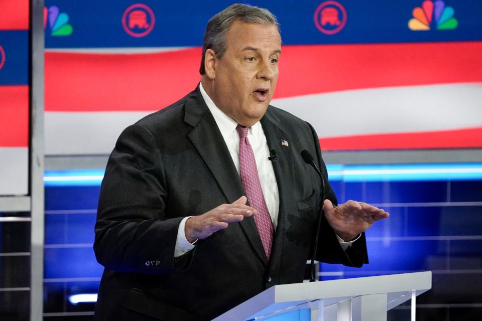 Nov 8, 2023; Miami, FL, USA; Former New Jersey Gov. Chris Christie during the Republican National Committee presidential primary debate hosted by NBC News at Adrienne Arsht Center for the Performing Arts of Miami-Dade County.. Mandatory Credit: Jonah Hinebaugh-USA TODAY