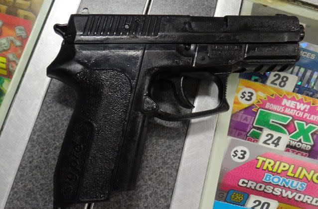 During the investigation, a replica semi-automatic handgun was recovered at the scene. Source: Los Angeles County Sheriffs Dept Information Bureau