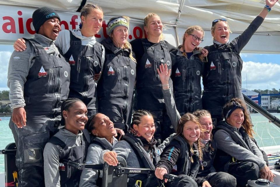 Isle of Wight County Press: The crew of Maiden celebrate finishing the Ocean Globe Race in Cowes on Tuesday.