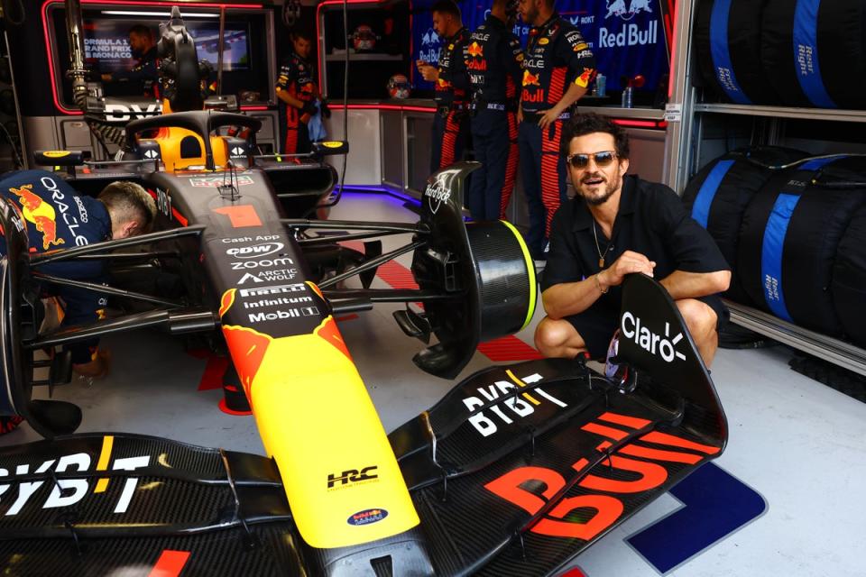 Orlando Bloom poses for a photo in the Red Bull Racing garage prior to the F1 Grand Prix of Monaco at Circuit de Monaco on May 28, 2023 (Getty Images)