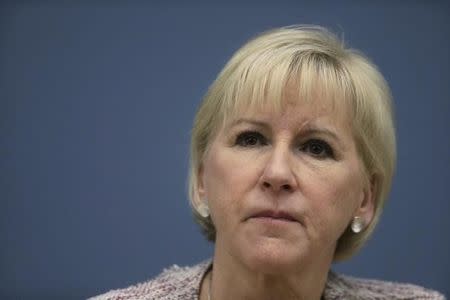 Sweden's Minister of Foreign Affairs Margot Wallstrom listens during a news conference in Riga January 23, 2015. REUTERS/Ints Kalnins