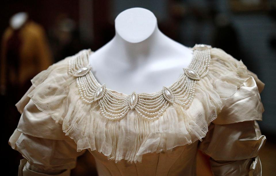 Exquisite pearl work is shown on a silk and pleated chiffon wedding dress bodice from 1894 in the exhibit "Flounces, Furbelows and Fripperies: The Gilded Age in Cohasset," which will open Jan. 14 at the Cohasset Historical Society at 104 S. Main St. The dress was worn by Maude Dickinson Snow.
