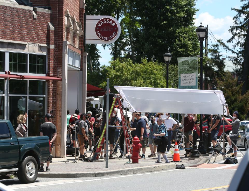 A crew films scenes for "The Sex Lives of College Girls" in the Arlington Business District on June 16, 2021. 