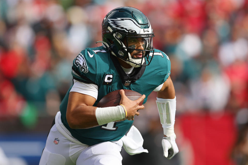 Jalen Hurts #1 of the Philadelphia Eagles saw his fantasy value increase