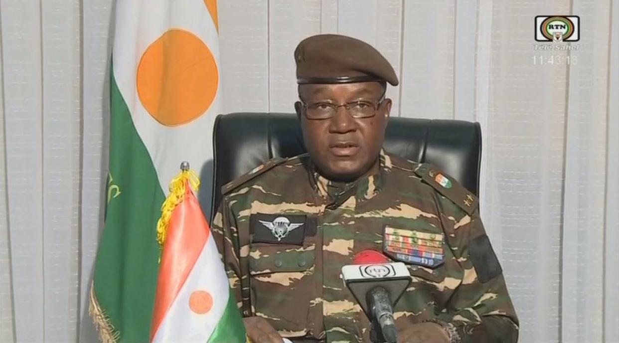 General Abdourahmane Tchiani, Niger's new leader. <a href="https://www.gettyimages.com/detail/news-photo/this-video-frame-grab-image-obtained-by-afp-from-ortn-t%C3%A9l%C3%A9-news-photo/1559603798?adppopup=true" rel="nofollow noopener" target="_blank" data-ylk="slk:ORTN - Télé Sahel/AFP via Getty Images;elm:context_link;itc:0;sec:content-canvas" class="link ">ORTN - Télé Sahel/AFP via Getty Images</a>