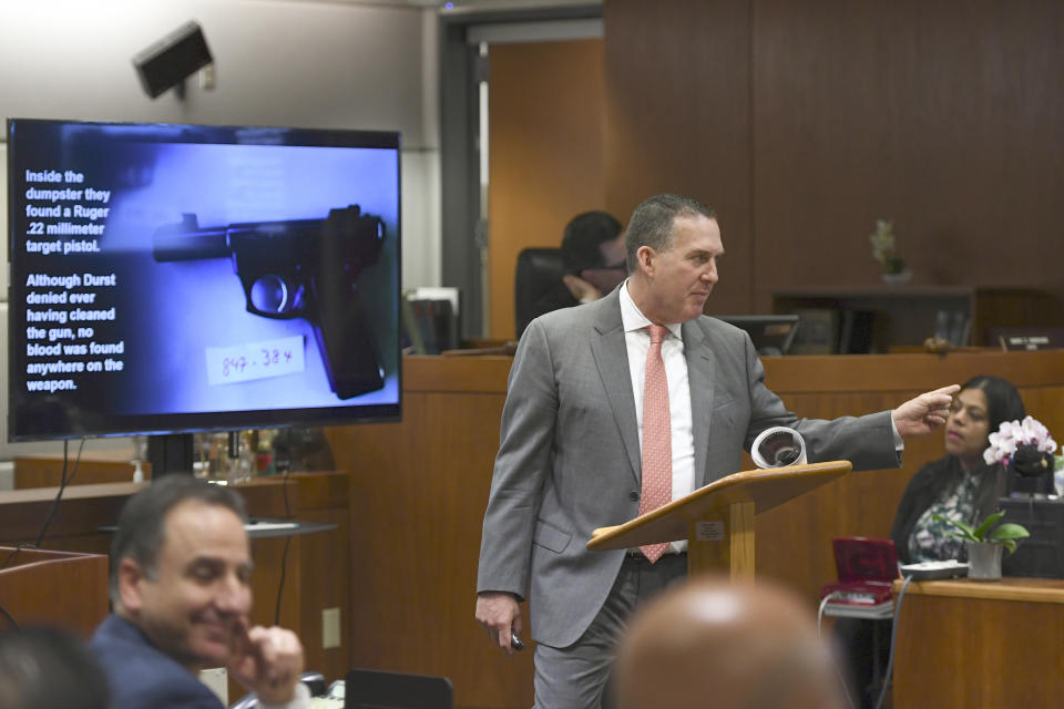 Deputy District Attorney John Lewin gestures during the second day of opening statements of Durst's murder trial at the Airport Branch Courthouse in Los Angeles during his murder trial at the Airport Branch Courthouse in Los Angeles on Thursday, March 5, 2020. After a Hollywood film about him, an HBO documentary full of seemingly damning statements, and decades of suspicion, Durst is now on trial for murder. In opening statements Thursday, prosecutors argued Durst killed his close friend Susan Berman before New York police could interview her about the 1982 disappearance of Durst's wife. (Robyn Beck/AFP via AP, Pool)