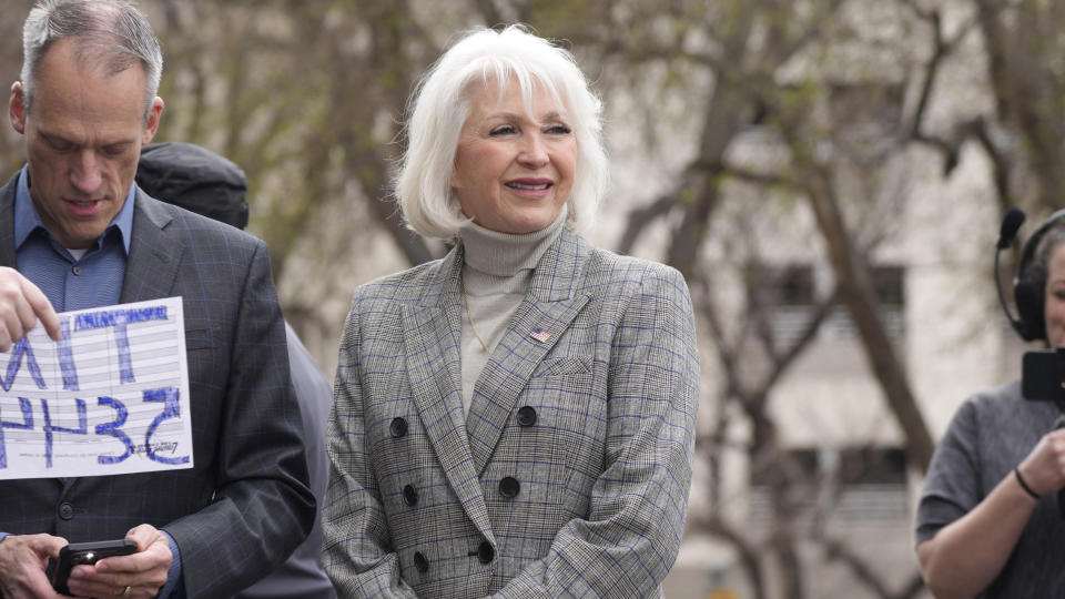 FILE - Mesa County, Colo., clerk Tina Peters, talks on the west steps of the State Capitol on Tuesday, April 5, 2022, in downtown Denver. Peters is competing for the nomination from the Republican Party to run for the job of Colorado's secretary of state. (AP Photo/David Zalubowski, File)