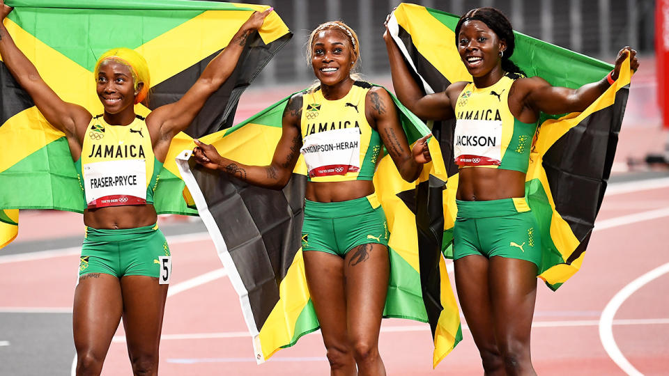 Shelly-Ann Fraser-Pryce, Elaine Thompson-Herah and Shericka Jackson, pictured here after the 100m final at the Olympics.