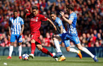 Soccer Football - Premier League - Liverpool vs Brighton & Hove Albion - Anfield, Liverpool, Britain - May 13, 2018 Liverpool's Roberto Firmino in action with Brighton's Anthony Knockaert and Dale Stephens REUTERS/Phil Noble