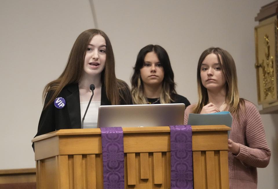 Luci Wegener (left), 14, Sofia Borczon (center), 16, and Maya Lehti, 14, talk about teen suicide during a civic academy on youth mental health in Chandler on March 13, 2023.