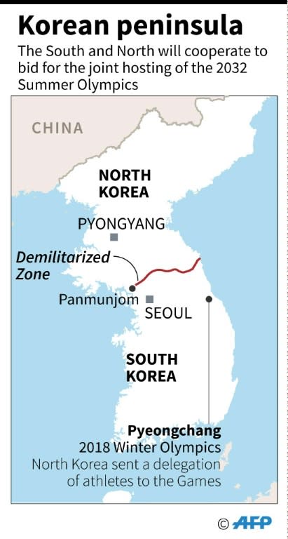 Map of the Korean peninsula. The South and North will cooperate to bid for the joint hosting of the 2032 Summer Olympics